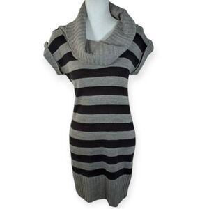 AMBIANCE APPAREL GRAY & BLACK STRIPE COWL-NECK SWEATER DRESS SZ.L EUC.